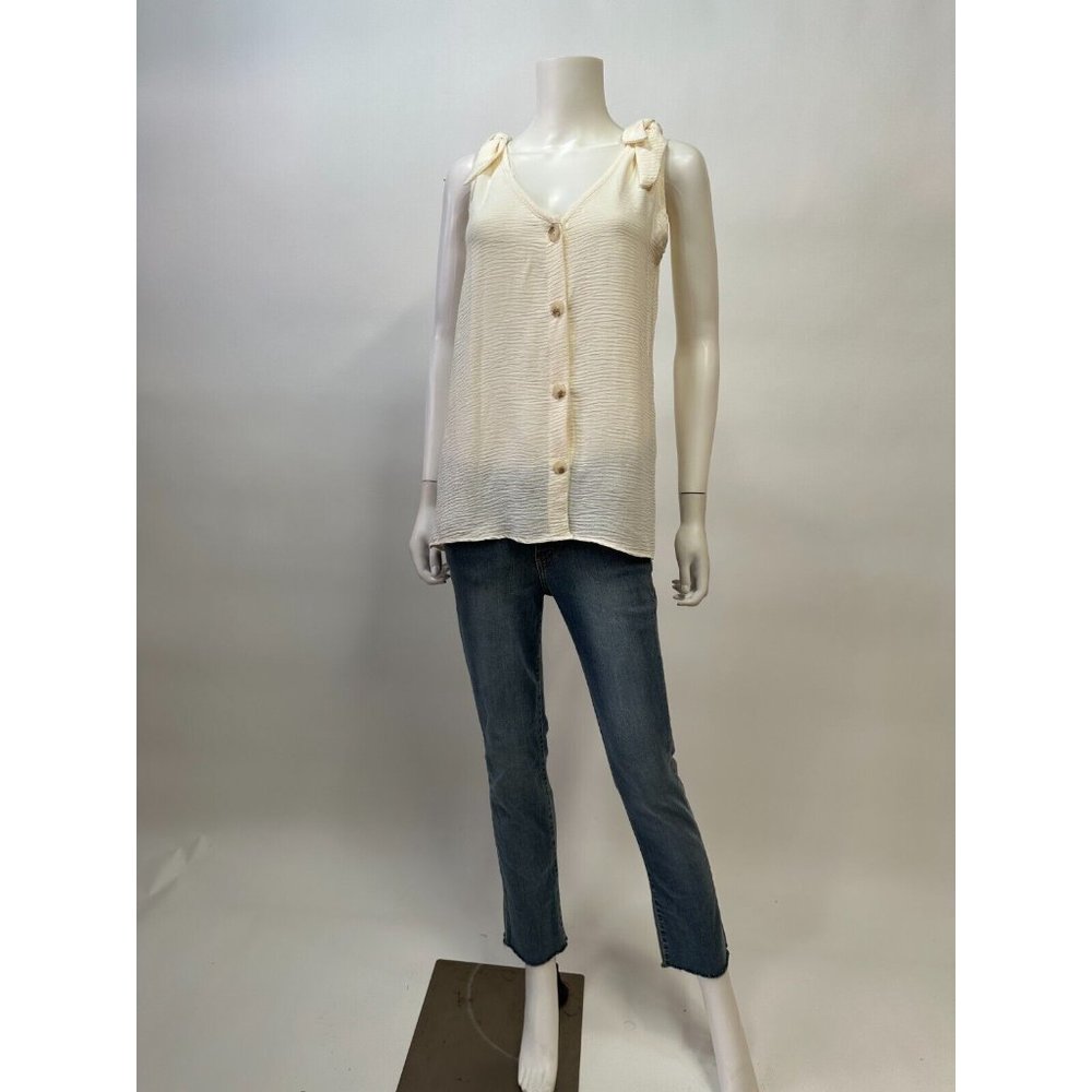 Spice Rose White Button Up V-Neck Shoulder Ruffle Sleeveless Top